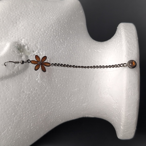 Silver Toned Long Drop Dangle Hook Earrings With Brown Tinted Glass Flower Focus - Picture 3 of 7